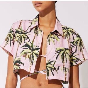 NWT Solid & Striped Palm Tree Crew Cropped Cabana Shirt S Pink Hawaiian Y2K